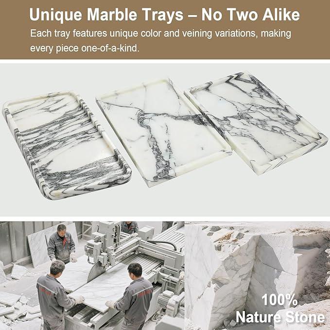 Natural Marble Vanity Tray - Moujings Genuine Marble Perfume Tray for Bathroom Decor, Stone Bathroom Vanity Organizer Tray for Kitchen Counter, Candles, Jewelry, Coffee, Makeup, Key - ModernBath