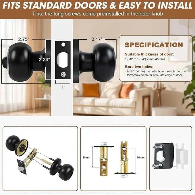 Privacy Door Knobs, 5 Pack Matte Black Door Knobs with Lock, Bed and Bath Door Knob Interior Keyless Locksets, Round Door Handles Reversible for Left Right Handed Doors - ModernBath