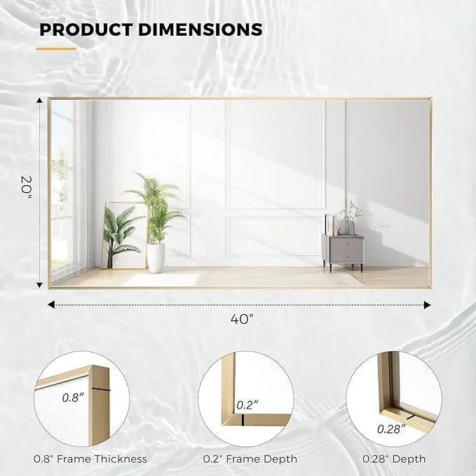 Bonverre 20x40 Inch Brass Bathroom Mirror for Wall, Aluminum Frame Rectangle Rectangular Vanity Mirror, Modern Large for Bedroom, Living Room, Horizontal or Vertical - ModernBath