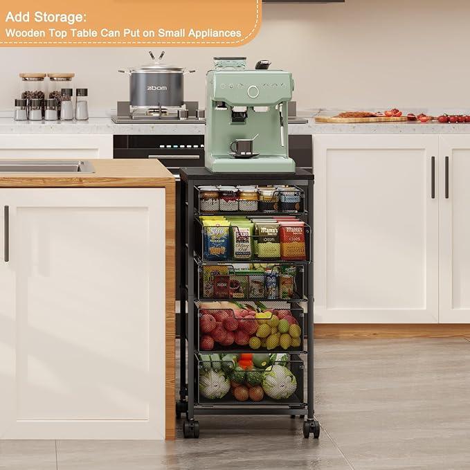 Kitchen Storage Cart with Drawer, 5-Tier Fruit Vegetable Storage Cart, Kitchen Organizer and Storage Cart with Wheels, Wooden Top Metal Wire Pantry Storage Cart rack for for Fruit Snack Onion Potato - ModernBath