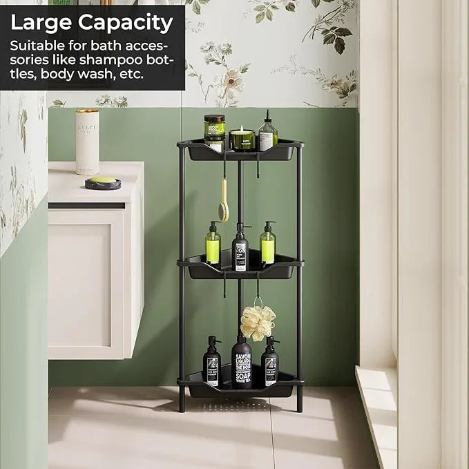 3 Tier Corner Shower Caddy Standing Floor Standing Corner Shower Caddy Organizer Shower Table Plastic Metal Splicing Shelf Storage Rack for Bathroom Black - Rustproof - ModernBath