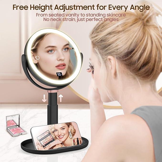GOMIPURU Makeup Magnifying Mirror with Light 30X/1X, Digital Display, 2-Sided Touch Control, Makeup Mirror with 3 Color Lights,360° Rotate, Height Adjustable Lighted Magnifying Mirrors for Desk Travel - ModernBath