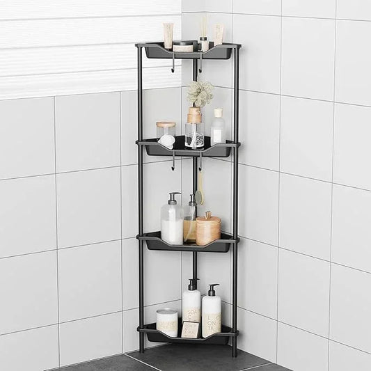 ODesign 4 Tier Corner Shower Caddy,Corner Shelf Stand for Living Room Bedroom Bathroom,Shower Table,Plastic Metal Splicing Ground Cabinet Storage Rack,Standing Shower Organizer Black - Rustproof - ModernBath