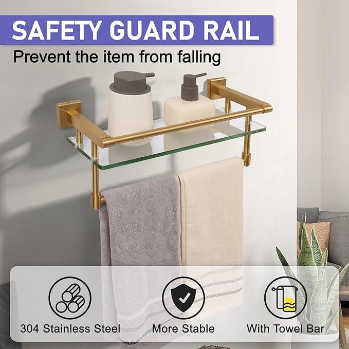 Bathroom Glass Shelf Brushed Gold Finish with Towel Rack, SUS304 Stainless Steel, 16-inch Tempered Glass Shelves for Wall - ModernBath