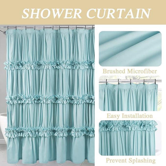 Homechoice Decor Spa Blue Ruffle Shower Curtain, Vintage Handcrafted Bow Tie Bath Curtain for Master Bathroom, Ruched Microfiber Bathroom Curtain with 12 Buttonholes, 72" W x 72" H (LQ-10) - ModernBath