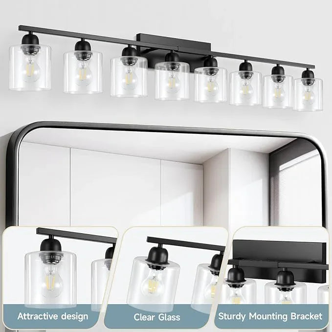 FAISHILAN Modern 8 Light Bathroom Light Fixtures, 52 inch Vanity Lights for Bathroom with Clear Glass, Black Bathroom Light Fixture for Mirror Kitchen Living Room Hallway Cabinet Porch - ModernBath
