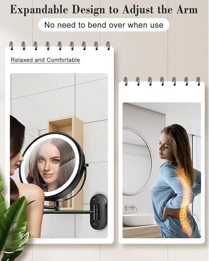 vpu 9" Wall Mounted Makeup Mirror with Light, 20X/1X Height Adjustable Double Sided Magnifying Bathroom Lighted Mirror, 3 Color Touch Dimmable Extended Arm 360 Rotation Light up Magnification Mirrors - ModernBath