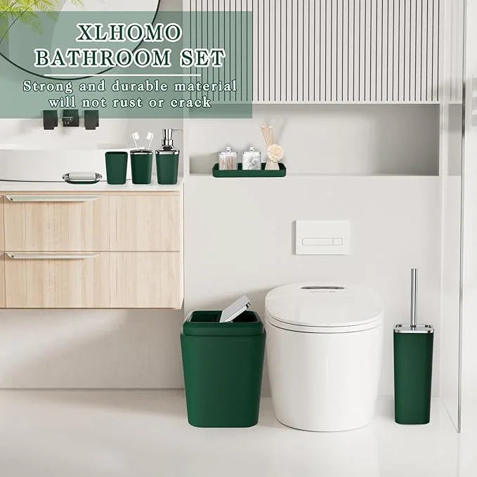 XLHOMO Dark Green Bathroom Accessories Set, Green Bathroom Set with Trash Can, Toothbrush Holder, Toothbrush Cup, Soap Dispenser, Soap Dish, Toilet Brush Holder, 2 Qtip Holder Dispensers and Tray - ModernBath