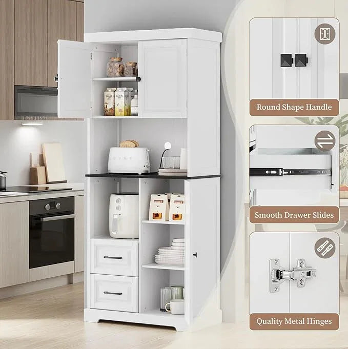 71" Tall Kitchen Pantry Cabinet, White Wooden Storage Cabinet with Drawers & Wire Hole & Adjustable Shelves & Anti-Tip Device, Multipurpose Pantry Cabinets for Kitchen Bathroom Living Room - ModernBath