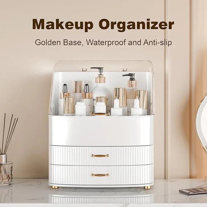 Plukers Makeup Organizer Countertop Vanity with Transparent Lid Drawers Waterproof Dustproof Cosmetic Skincare Bathroom Storage Gift for Women Teens Girls (Whtie) - ModernBath