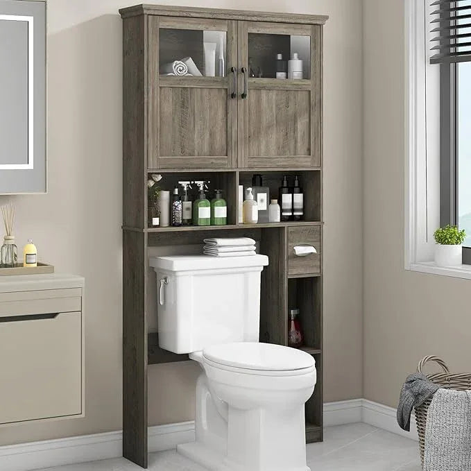 Vabches Over-The-Toilet Storage Cabinet with Double Doors, Toilet Paper Holder Stand & Adjustable Shelf, Freestanding Space Saver, Grey - ModernBath