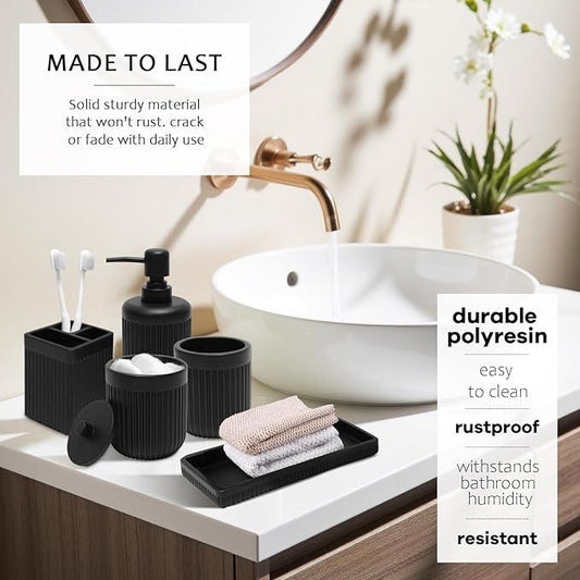 XLHOMO 8-Piece Matte Black Bathroom Set - Luxury Resin Bathroom Accessories Sets Complete with Shower Curtain and Rugs, Soap Dispenser, Toothbrush Holder, Cup, Apothecary Jars & Tray - ModernBath