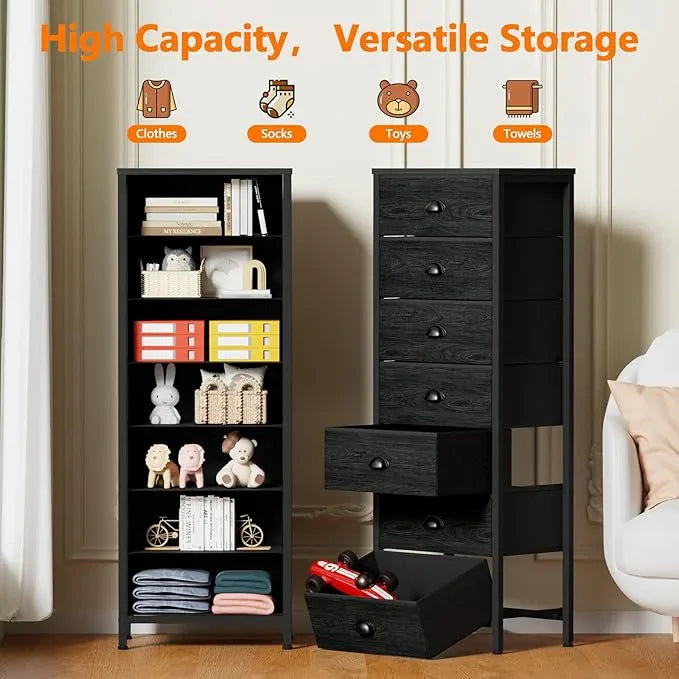 Furnulem Bedroom Dresser, Tall Chests of Drawers with 7 Fabric Bins, Black Organizer in Closet, Dorm, Living Room, Nursery, Hallyway-Storage Tower Unit, Sturdy Steel Frame - ModernBath
