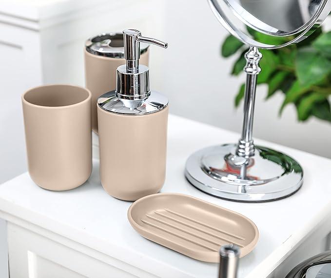 Moss & Stone 6-Piece Bathroom Accessories Set, Includes Soap Dispenser, Toothbrush Holder, Toothbrush Cup, Soap Dish, Complete Bathroom Decor Set (Beige) - ModernBath