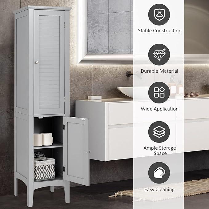 Giantex Storage Cabinet, Bathroom High Cabinet with 5 Tier Storage Shelves, Narrow Tall Organizer for Bathroom, Kitchen, Living Room,Linen Tower, Freestanding Slim Floor Cabinet, Grey - ModernBath