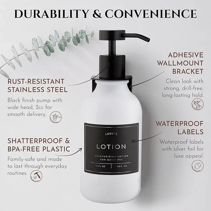 Shampoo & Conditioner Dispenser - Shower Soap Dispenser Wall Mounted - 16.9 Oz Plastic Bottle with Pump & Holder - Shampoo Dispenser - Shower Dispenser Chamber No Drill (1 X White/Black) - ModernBath