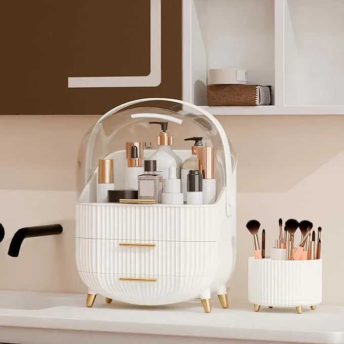 lurcns Makeup Organizers and Storage Make up Organizer for Vanity Cosmetics Skincare With Lid and Drawers Display Cases for Countertop Bathroom Women Teenager Girl Gifts(White+Brush Holder) - ModernBath