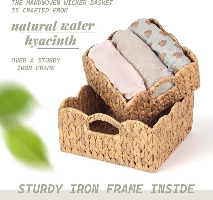 Scalloped Baskets (Natural-Set of 2) Basket Living Room Organizer, Water Hyacinth Baskets For Decor, Woven Basket for Bathroom, Bedroom, Laundry. Hyacinth Storage Basket with Built-in Handles - ModernBath