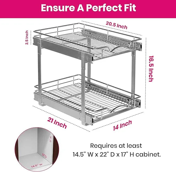 HOLDN’ STORAGE Two Tier Pull Out Cabinet Organizer, Individual Sliding Drawers - Heavy Duty Metal with Lifetime Limited Warranty - Anti Rust Chrome Finish - 14" W x 21”D x 16.5" H - ModernBath