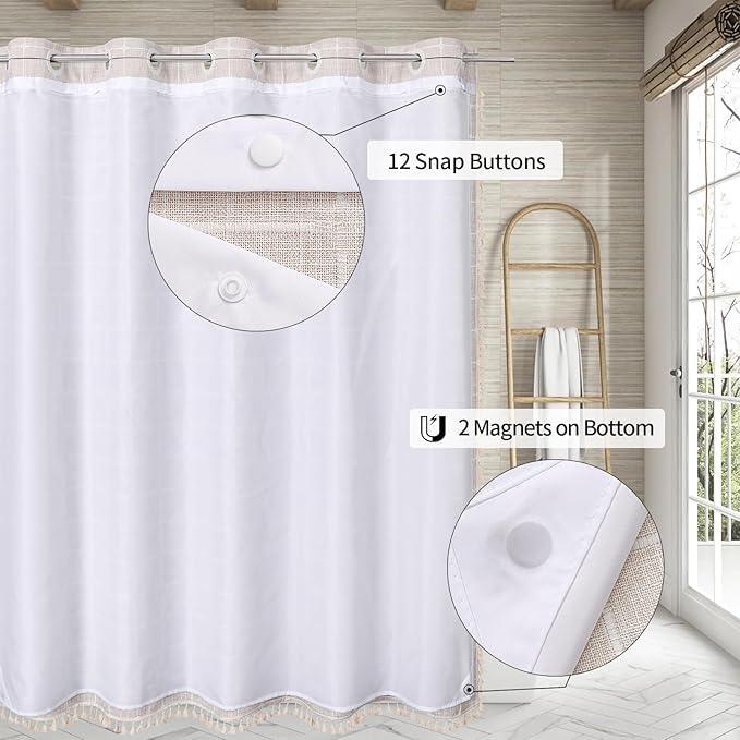 MitoVilla No Hooks Needed Boho Farmhouse Shower Curtain with Snap-in Liner, Cotton Linen Fabric Shower Curtains with Tassels for Rustic Neutral Bathroom Decor, Beige/Cream, 72 x 74 - ModernBath