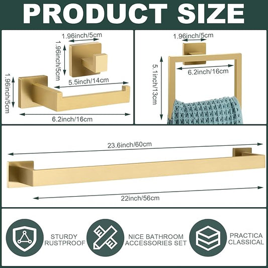 Gisafai 20 Pcs Gold Bathroom Hardware Accessories Set 23.6 Inch Bath Towel Bar Kit Stainless Steel Bathroom Hardware Set Towel Racks Ring Robe Hooks Paper Holder for Wall Mounted