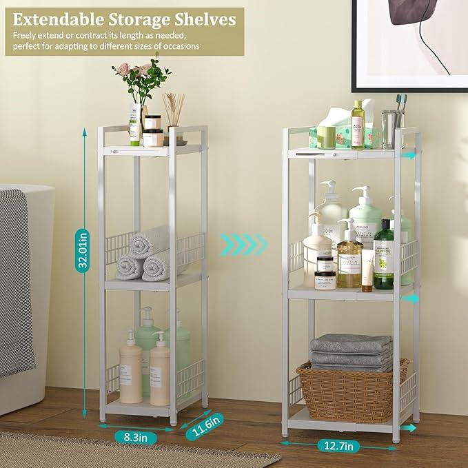 Expandable Slim Storage Shelf, 3 Tier Metal Shelving Unit for Bathroom Storage Organizer, Free-Standing Narrow Shelf, Open Floor Shelves for Small Spaces,Laundry,Bathroom,Kitchen, White - ModernBath