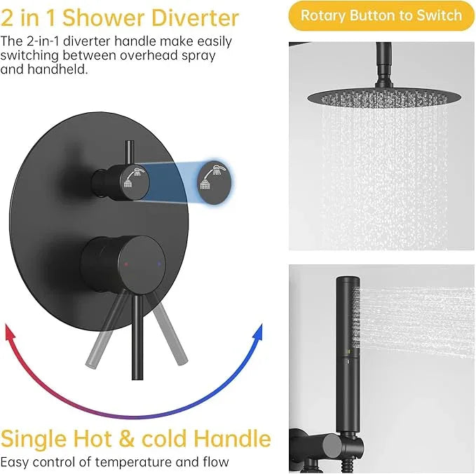 BESy Shower System with 10 Inch Round Rain Shower Head and Handheld Wall Mounted, High Pressure Rainfall Heads Shower Faucet Fixture Combo Set with 2 in 1 Spray Showerhead for Bathroom, Matte Black - ModernBath