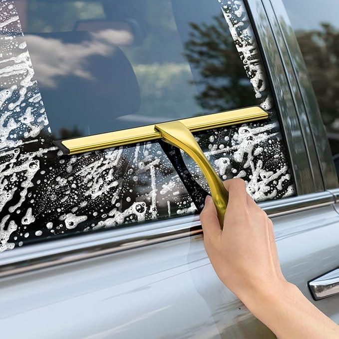 All-Purpose Stainless Steel Shower Squeegee for Shower Doors with 2 Adhesive Hooks, Bathroom Cleaner Tool Household Window Mirror Squeegee for Home Cleaning, Glass Door, Tile Wall, Car, 10 Inch Golden - ModernBath