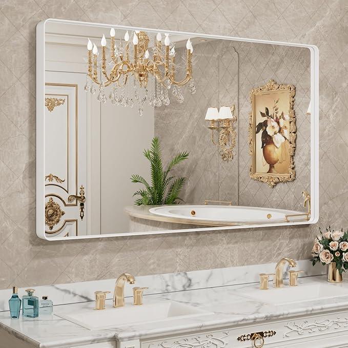 LOAAO 60x36 Inch White Metal Framed Bathroom Mirror for Wall, White Bathroom Vanity Mirror Farmhouse, Large Rounded Rectangle Mirror, Anti-Rust, Tempered Glass, Hangs Horizontally or Vertically - ModernBath