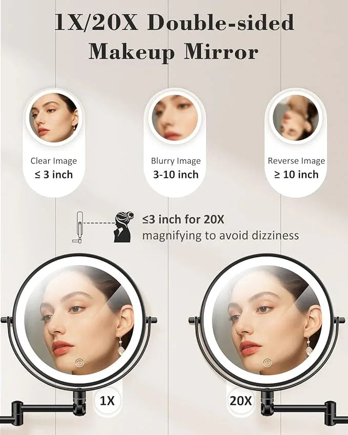vpu 9" Wall Mounted Makeup Mirror with Light, 20X/1X Height Adjustable Double Sided Magnifying Bathroom Lighted Mirror, 3 Color Touch Dimmable Extended Arm 360 Rotation Light up Magnification Mirrors - ModernBath