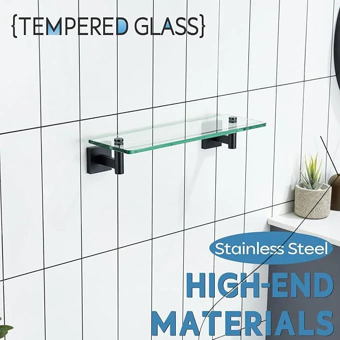 KOKOSIRI Bathroom Shelves Glass Floating Shelf 16-Inch for Bedroom Living Room Kitchen Hanging Rack Rustproof Wall Mounted Black 2 Pack B1105BK-L16-P2 - ModernBath