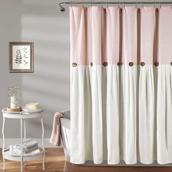 Lush Decor Linen Button Shower Curtain, 72" W x 72" L, Blush & Off White - Pink Bathroom Curtain - Fabric Shower Curtains - Farmhouse Bathroom Decor - ModernBath
