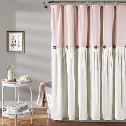 Lush Decor Linen Button Shower Curtain, 72" W x 72" L, Blush & Off White - Pink Bathroom Curtain - Fabric Shower Curtains - Farmhouse Bathroom Decor - ModernBath