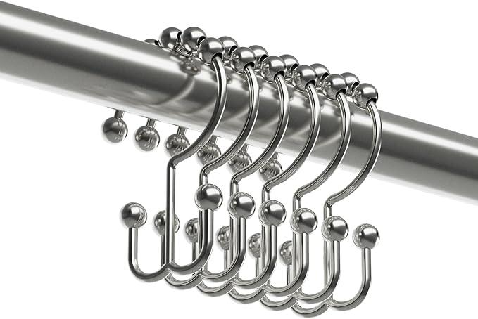 Maytex Shower Curtain Hooks, Shower Curtain Rings, Rust-Resistant Decorative Double Roller Glide Shower Hooks, Shower Rings for Bathroom Shower Rods, Curtains, Liners, Set of 12, Brushed Nickel - ModernBath
