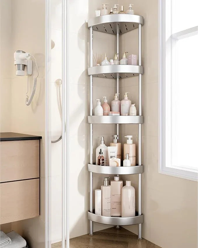 Nieifi Corner Shower Caddy Stand-5 Tier Rustproof Anodized Aluminum Standing Shower Organizer-Shower Caddy Corner-Dual Stability to Anti-Shaking-Height-Adjustable Legs for Uneven Surfaces-Silver - ModernBath