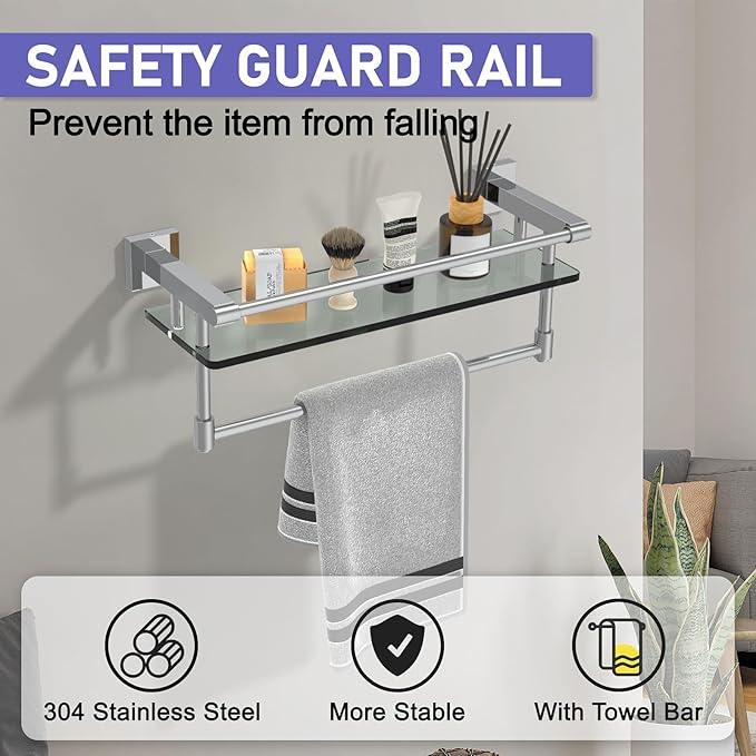 Glass Shelf for Bathroom 16 in Bathroom Shelves with Towel Bar Tempered Glass Shelves with Stainless Steel Towel Holder for Wall (Chrome Polished) - ModernBath