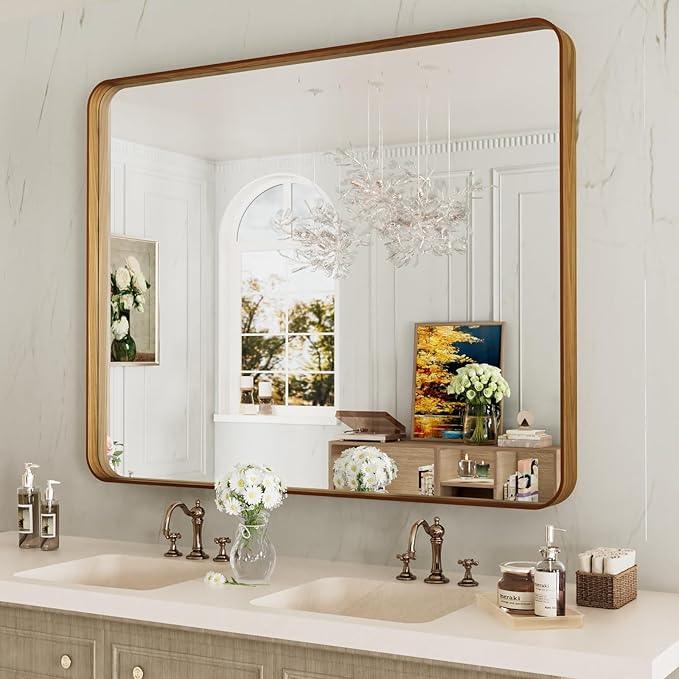 LOAAO 40X24 Inch Bathroom Mirror with Wood Grain Colored Metal Frame, Rounded Rectangle Metal Framed Bathroom Mirror, Anti-Rust, Hangs Horizontally or Vertically - ModernBath