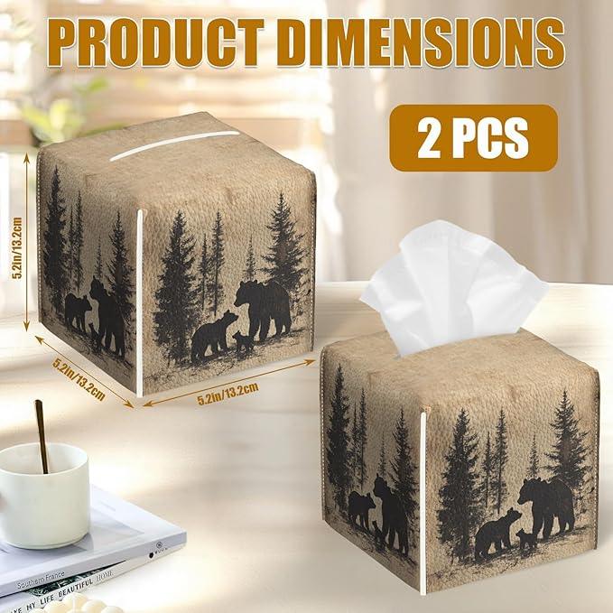 Bear Pine Tree Tissue Box Cover 2PCS, Leather Tissue Box Holder Square Facial Paper Case Tissue Box Cube Organizer for Bathroom Bedroom Desk Office - ModernBath