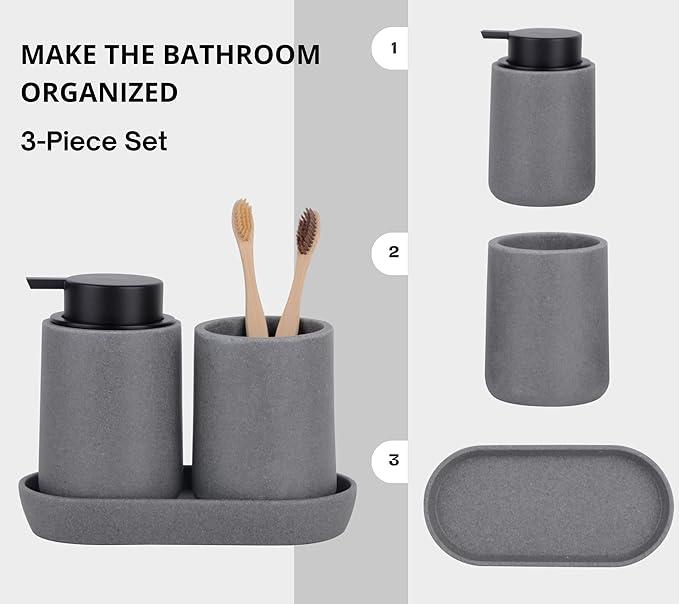 Clasin Home Grey Bathroom Accessories Set, 3 Pcs Resin Bathroom Accessories Complete Set, Sandstone Look Soap Dispenser with Large Pump, Toothbrush Cup, Soap Dish for Modern Home Decor and Kitchen - ModernBath
