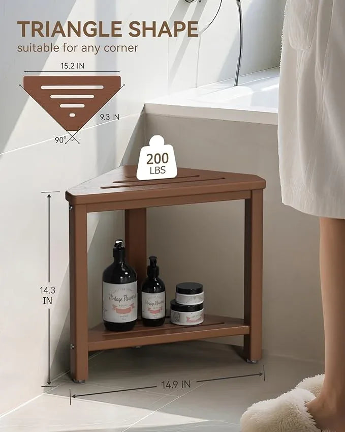 Teak Shower Foot Rest 15in, HDPE Waterproof Shower Stool for Inside Shower, Corner Shower Stool for Shaving Legs with Storage Shelf for Small Space, Shower Step Stool, Plastic Corner Shower Bench - ModernBath
