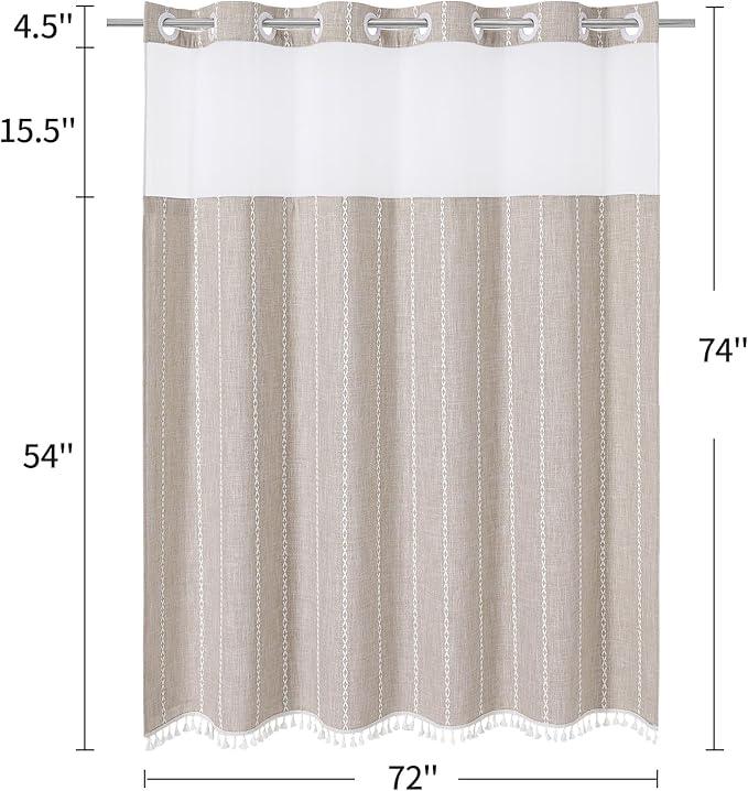 MitoVilla No Hooks Needed Farmhouse Shower Curtain with Snap-in Liner - with Window & Magnets, Taupe Boho Cotton Linen Fabric Shower Curtains with Tassels for Rustic Bathroom Decor, 72 x 74 - ModernBath