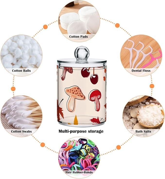 Tatenale Qtip Holder Bathroom Set Q tip Cotton Ball Swab Pad Dispenser Container Organizer Plastic Jars with Lids Storage 2Pack Fall Leaves Rowanberry and Mushroom - ModernBath