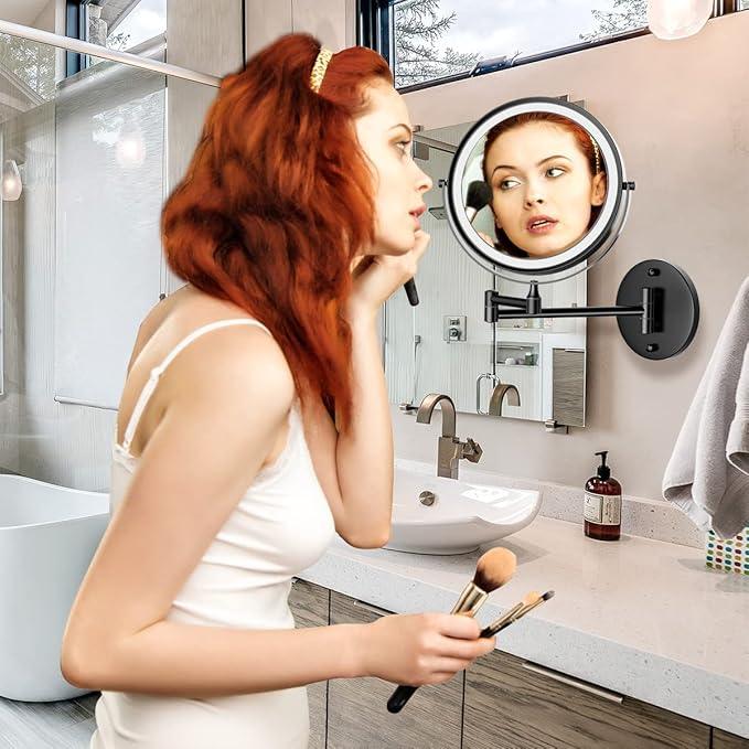 Rocollos Rechargeable Wall Mounted Lighted Makeup Mirror, 8 Inch Double-Sided LED Vanity Mirror 1X/10X Magnification,3 Color Lights Touch Screen Dimmable 360°Swivel 13 Inch Extendable - ModernBath