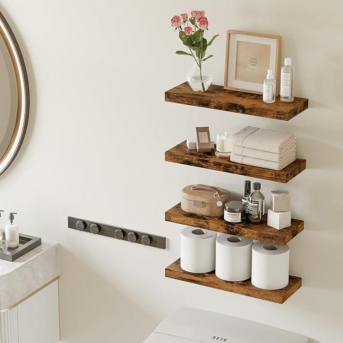 Fixwal 15.8in Wall Shelves, Rustic Wood Finish Floating Shelves Set of 4, Shelves for Wall Decor, with Invisible Brackets for Bathroom, Living Room,Bedroom and Kitchen(Rustic Brown) - ModernBath