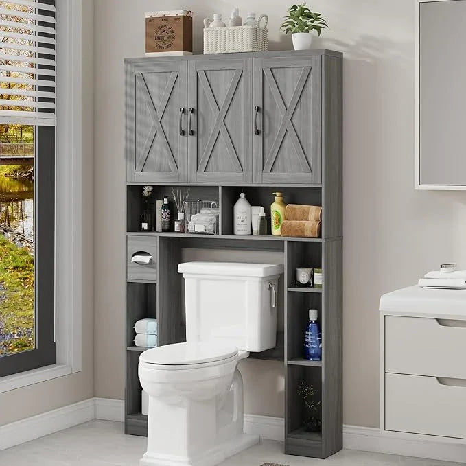 Over The Toilet Storage Cabinet, Farmhouse Toilet Cabinet Rack with 3 Barn Doors, Space Saving Bathroom Organizer with Shelves, Toilet Paper Holder and Towel Rack for Bathroom,Restroom,Laundry - ModernBath