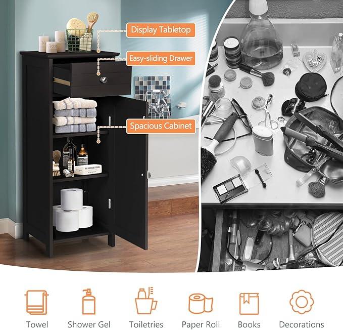COSTWAY Bathroom Storage Cabinet, Single Door Floor Cabinet with Drawer and 3-Level Adjustable Shelves, Modern Side Storage Organizer with Anti-Tipping Device for Living Room, Bedroom (Brown) - ModernBath