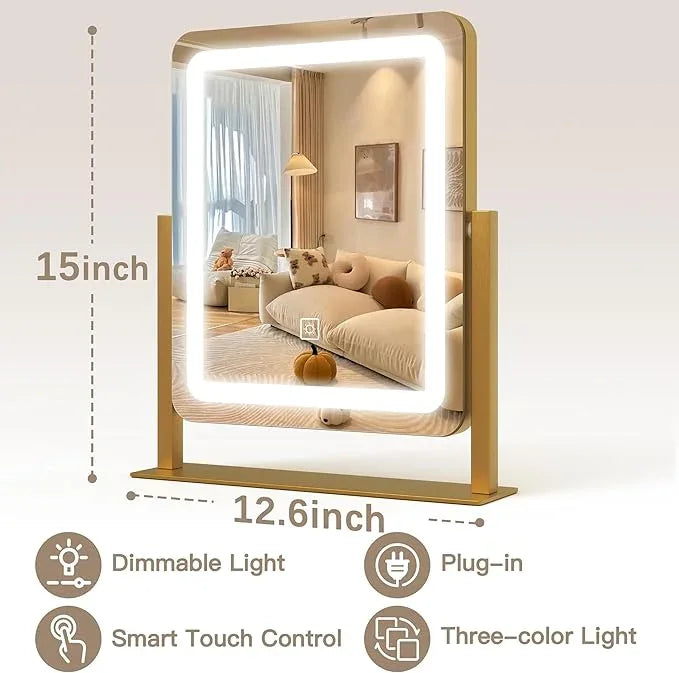 ROLOVE Vanity Mirror with Lights, 12.6"×15" LED Makeup Mirror, Lighted Makeup Mirror with Lights, Smart Touch Control Dimmable 3 Modes Light, Lighted Up Mirror for Makeup Desk, Gold - ModernBath