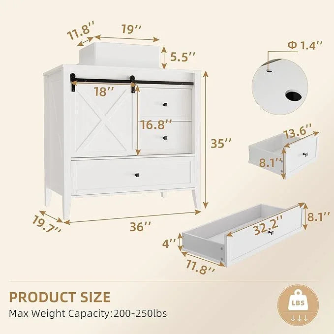 VNN Bathroom Vanity with Sink - 36 Inch Bathroom Vanity with Sink Ceramic, Freestanding Cabinet with Farmhouse Sliding Barn Door and 3 Drawers, Space-Saving Storage Cabinet, Wood Grain Texture, White - ModernBath