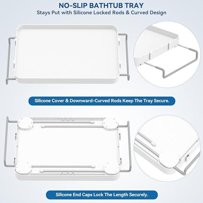 Bathtub Tray for Large Soaking Tub Table Tray Expandable Tub Shelf for Bathtub Caddy Bath Shelf Over Tub Luxury Bath Board Book Holder with Removable 2 Cup Holder Phone Metal Shower Caddy Basket White - ModernBath