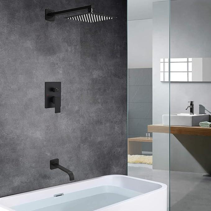 Heable Matte Black Shower Faucet Set with Tub Spout Bathroom Luxury Rain Mixer Shower Head System Wall Mounted Shower Faucet Complete, Single Handle Tub and Shower Trim Kit with Rough-in Valve - ModernBath